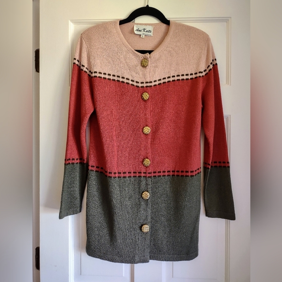 Vintage Knit Cardigan Sweater women Color Block 80s 90s gold buttons - Picture 5 of 10